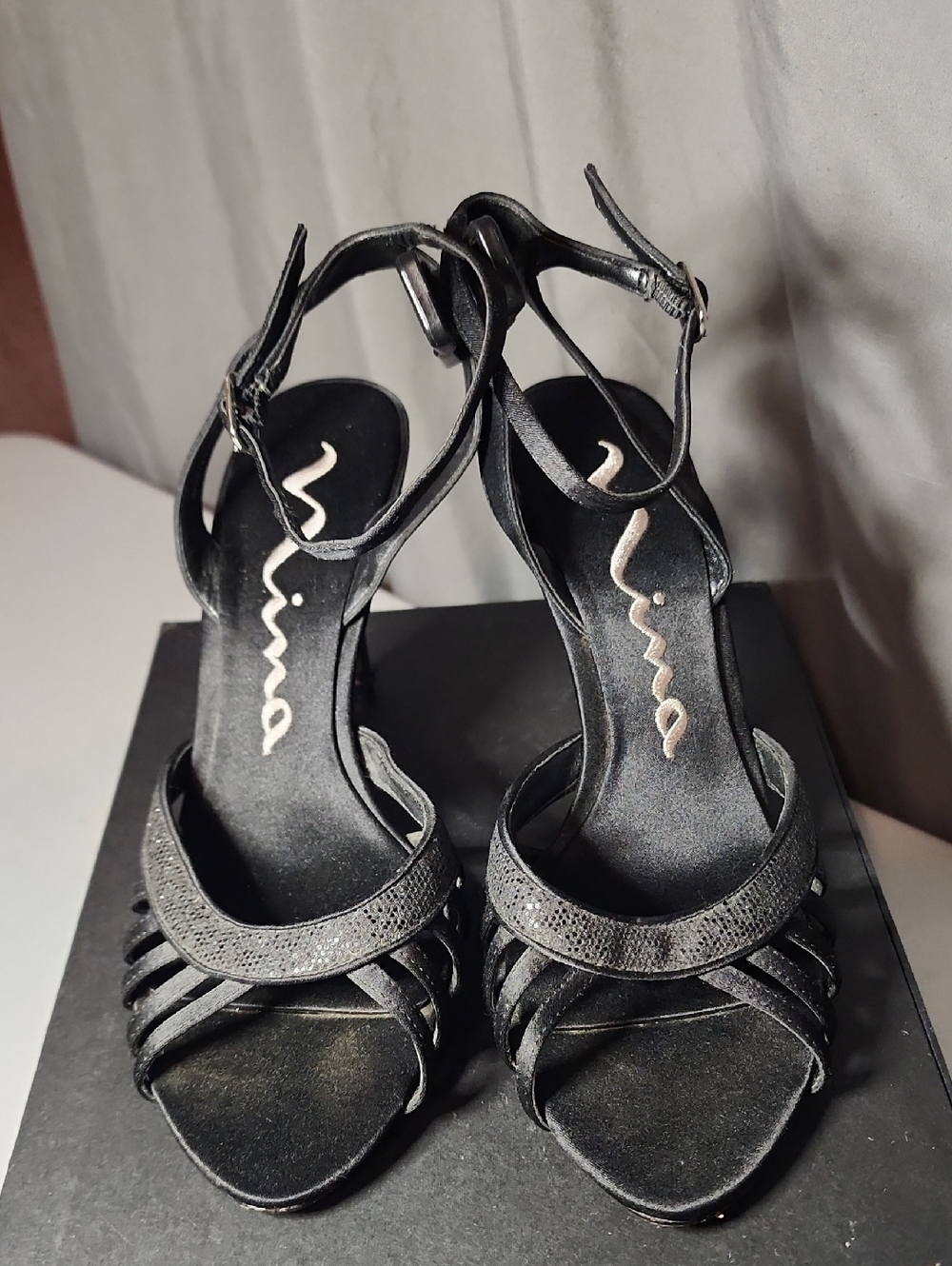 Nina Black Strappy Satin Ankle-Strap Heels